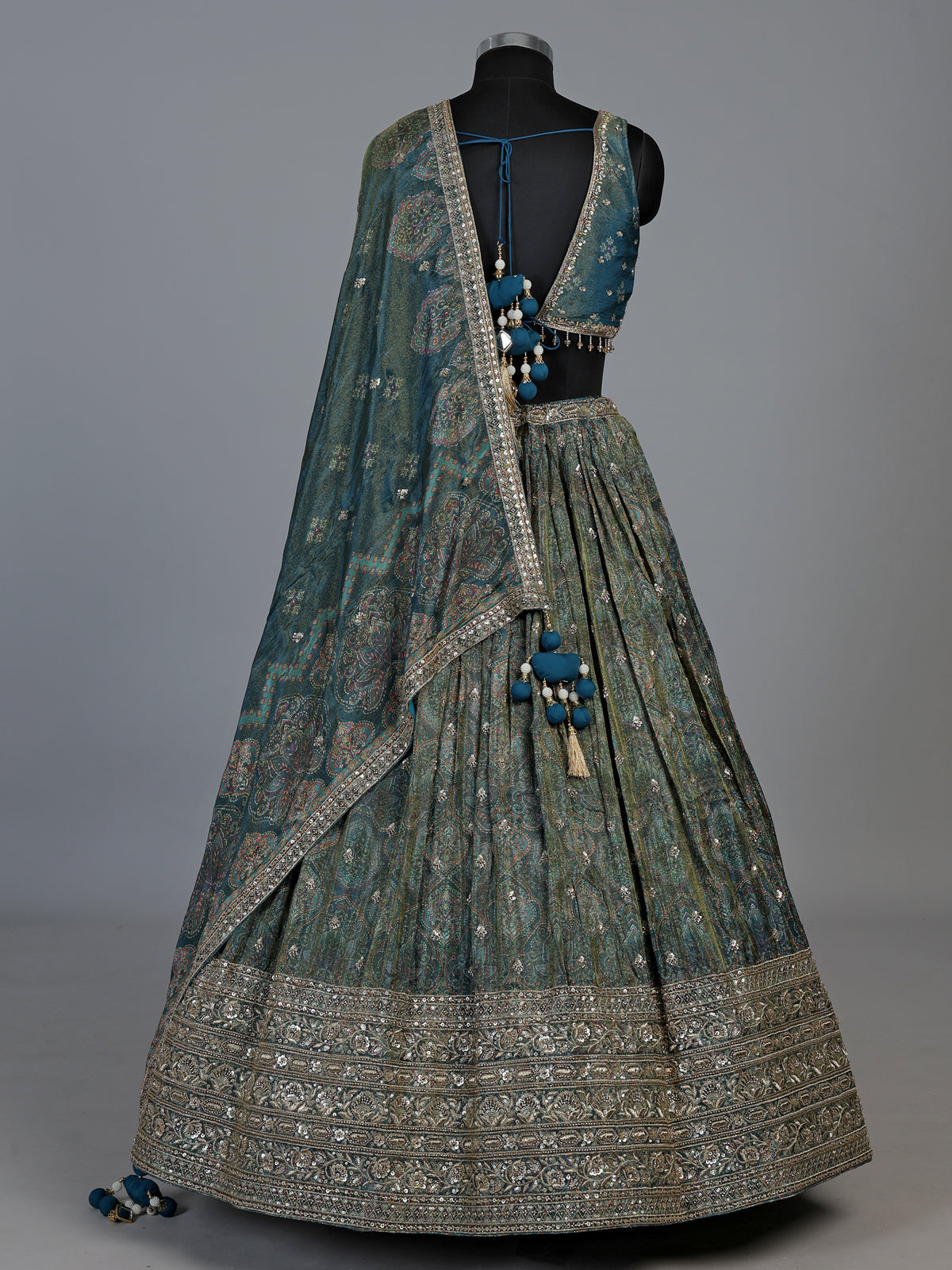 Deep peacock teal blue tissue georgette lehenga for women