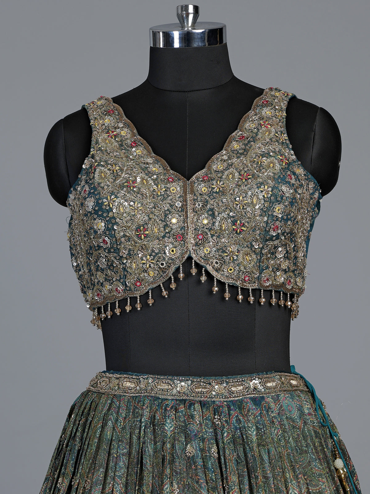Deep peacock teal blue tissue georgette lehenga for women