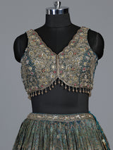 Deep peacock teal blue tissue georgette lehenga for women