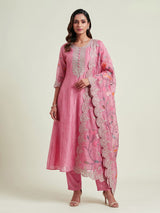 Pink linen silk anarkali suit with dupatta for celebrations