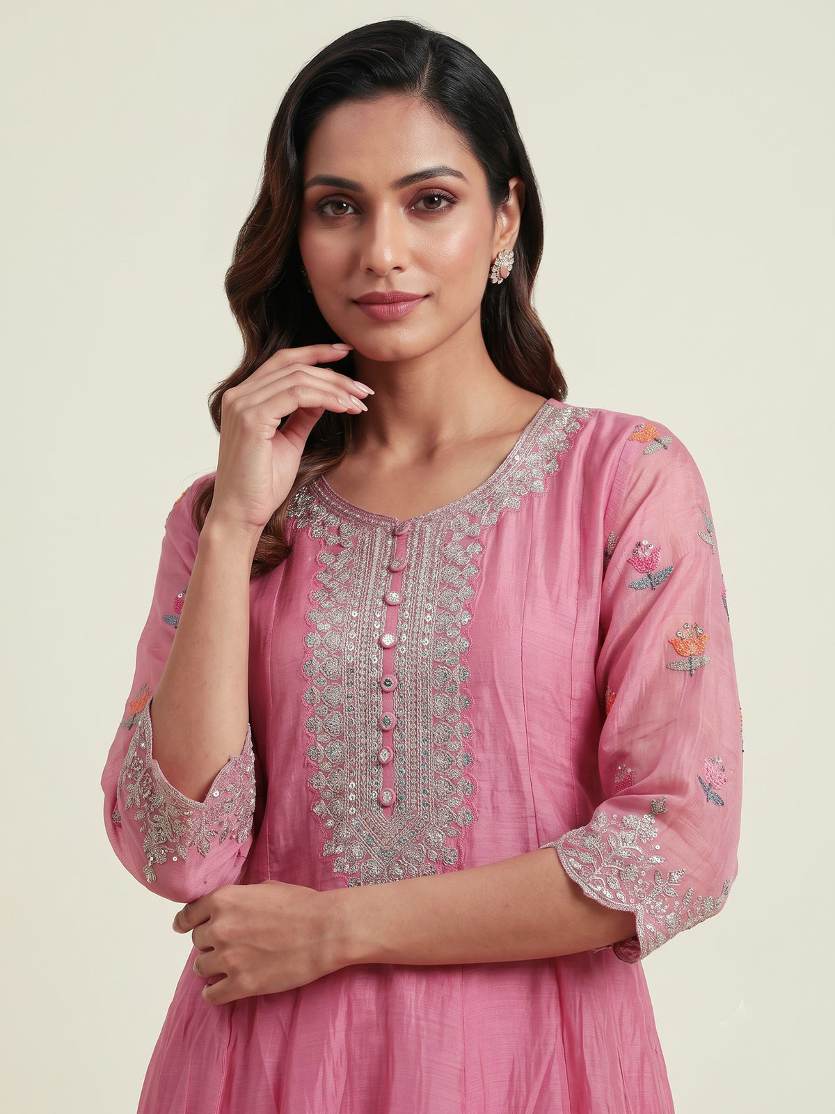 Pink linen silk anarkali suit with dupatta for celebrations