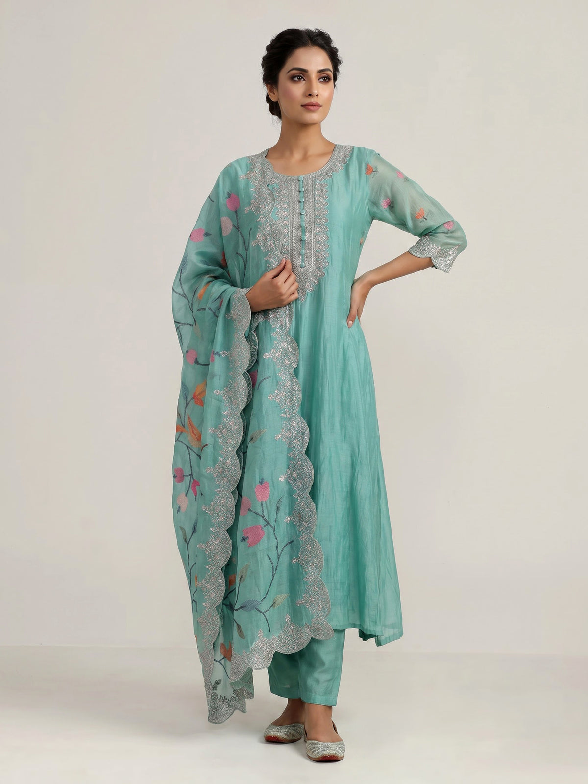 Sky blue linen silk anarkali suit with elegant embellishments