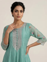 Sky blue linen silk anarkali suit with elegant embellishments
