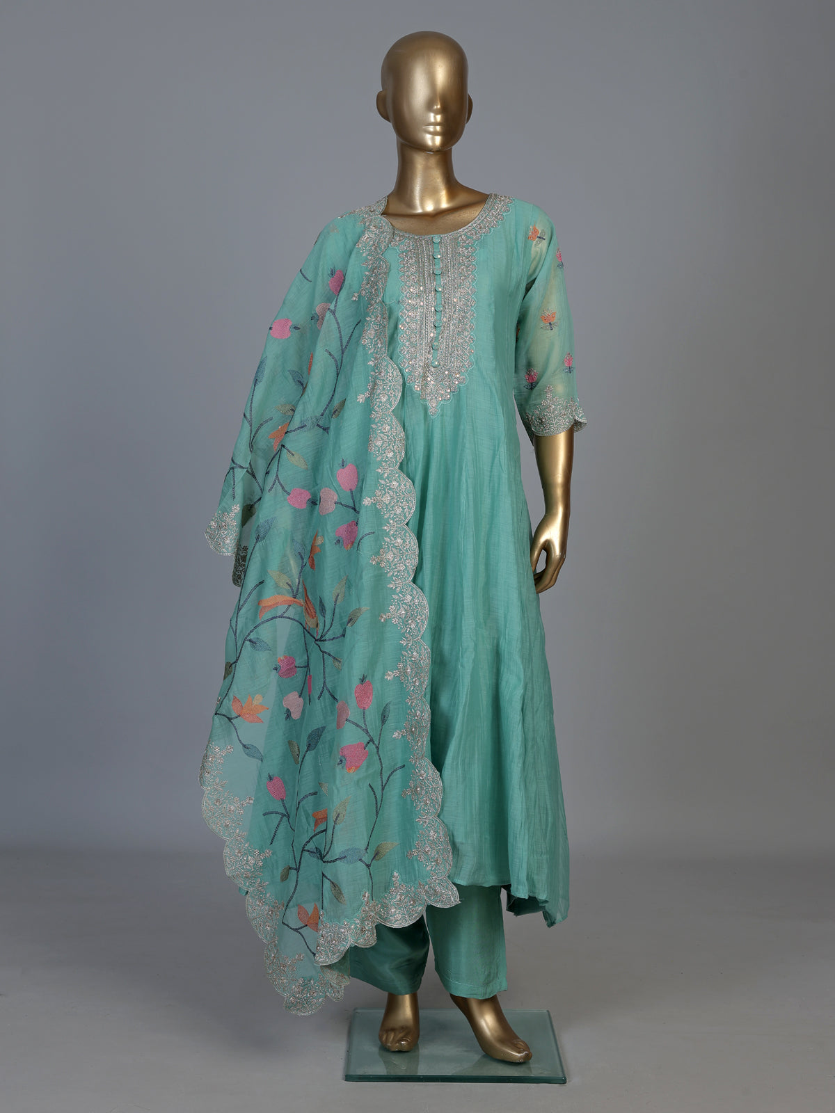 Sky blue linen silk anarkali suit with elegant embellishments