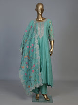 Sky blue linen silk anarkali suit with elegant embellishments