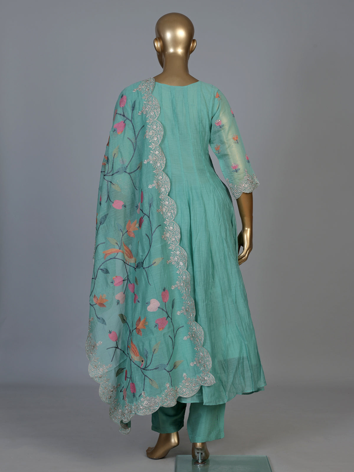 Sky blue linen silk anarkali suit with elegant embellishments