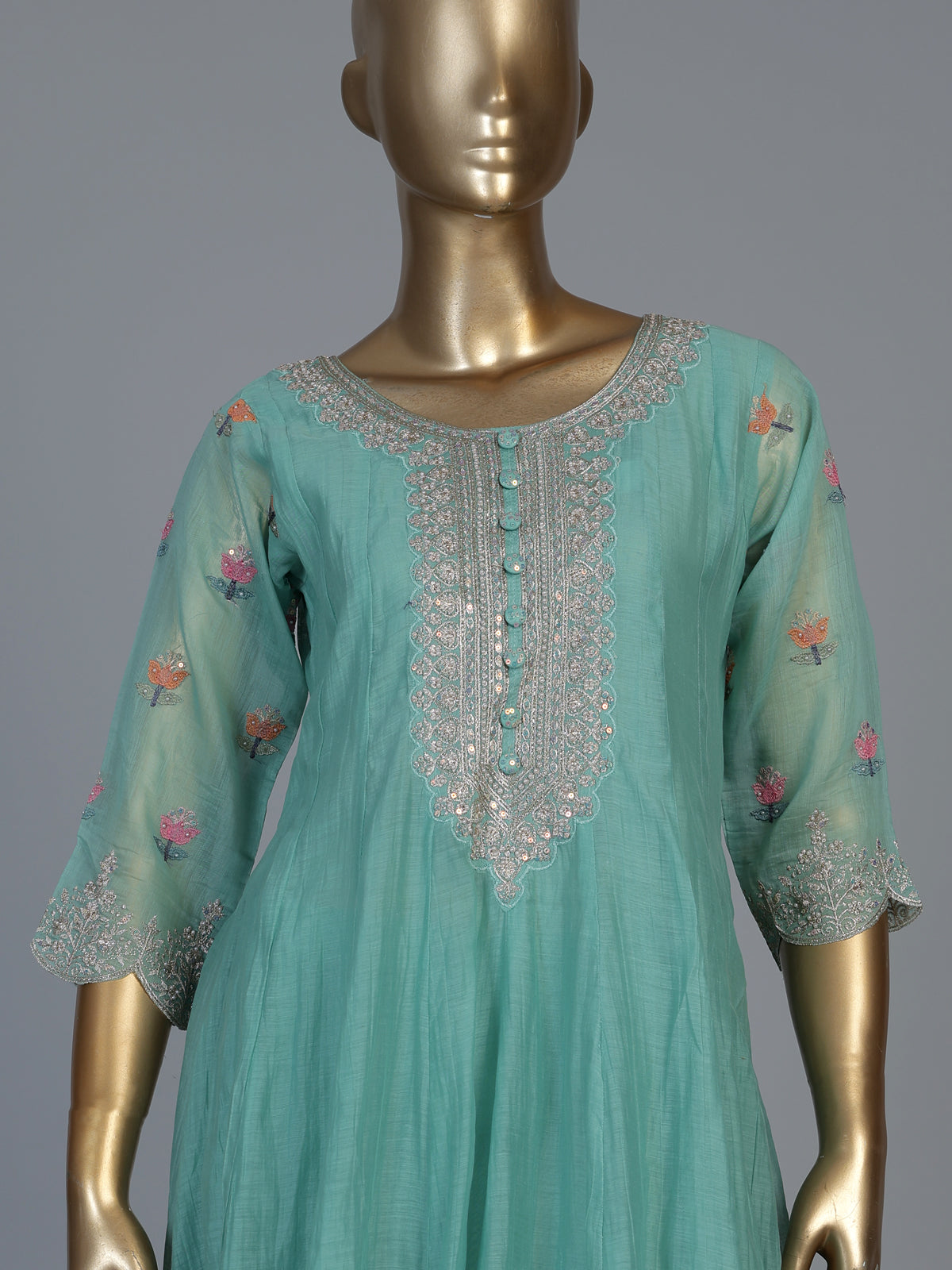 Sky blue linen silk anarkali suit with elegant embellishments