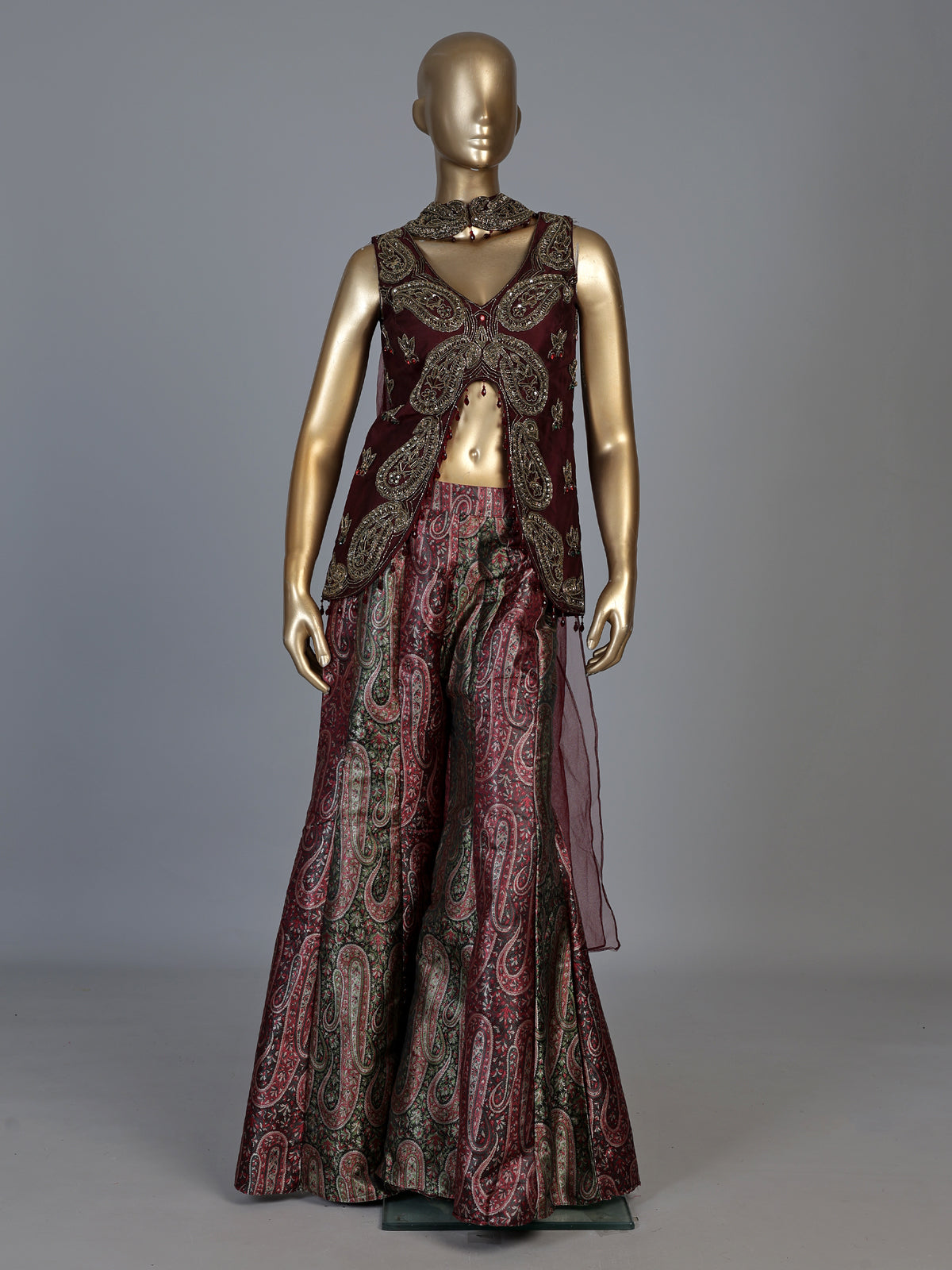 Wine printed silk banarasi palazzo suit with elegant dupatta