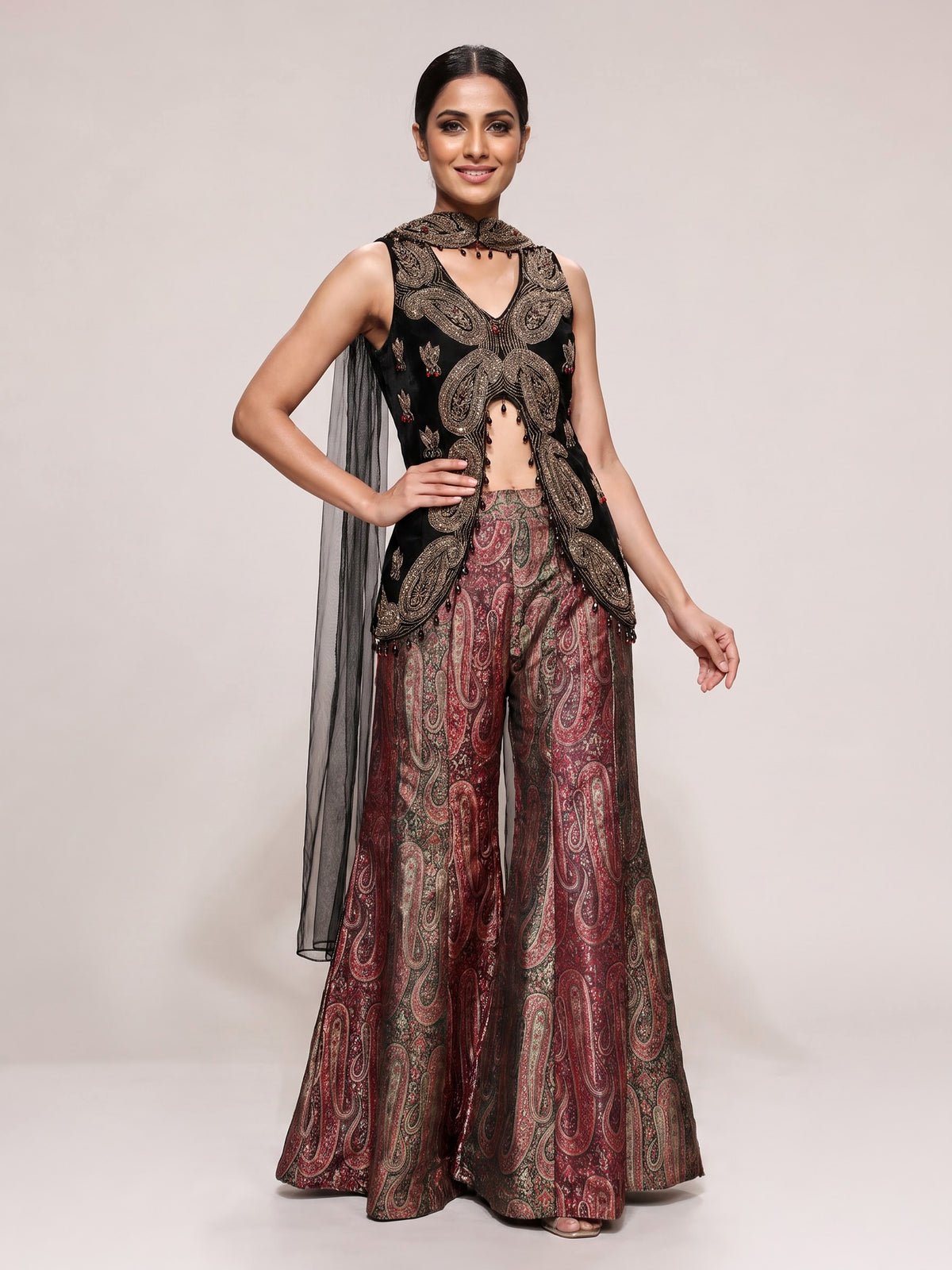 Black printed silk banarasi palazzo suit with dupatta