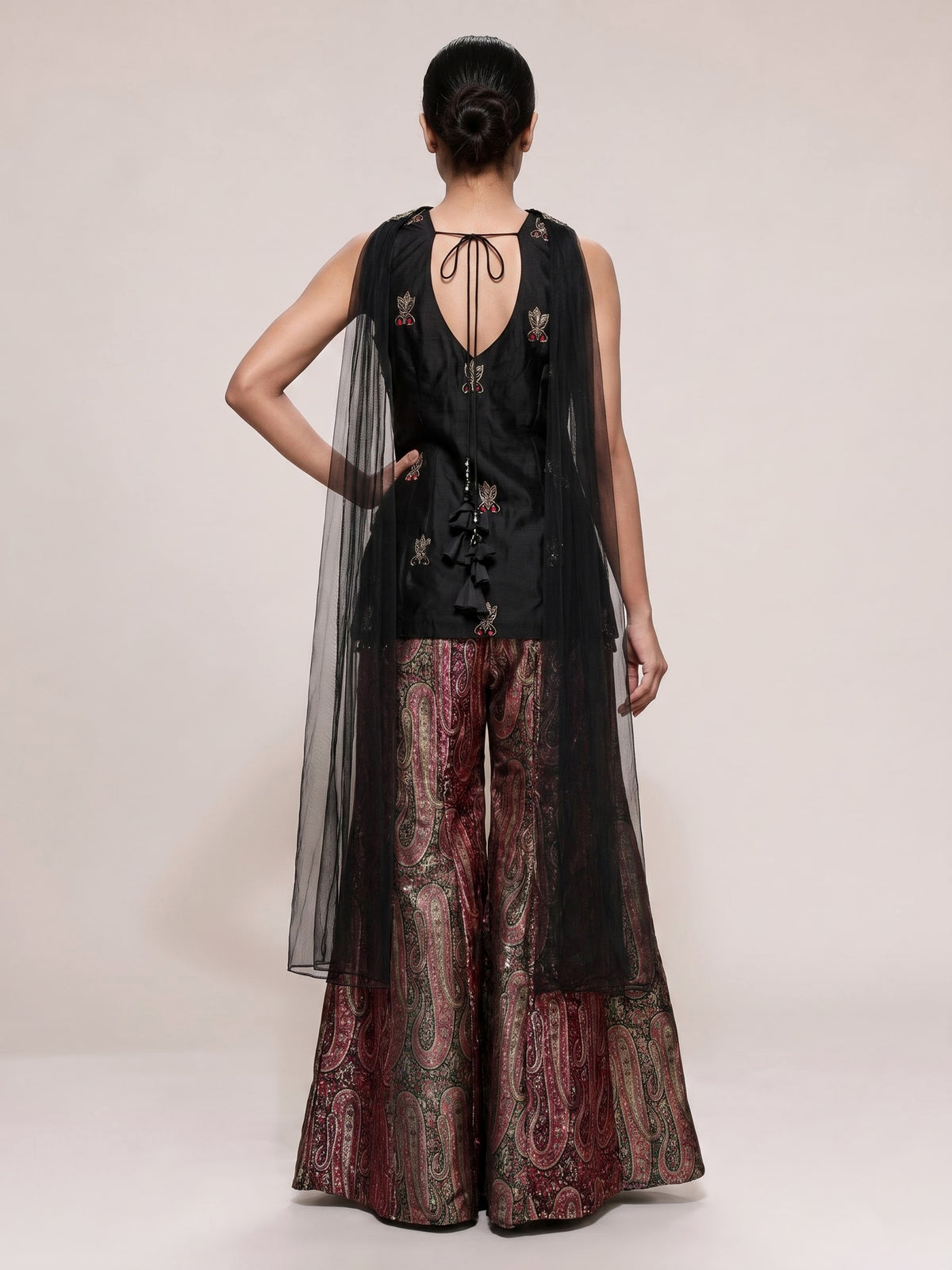 Black printed silk banarasi palazzo suit with dupatta