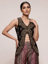 Black printed silk banarasi palazzo suit with dupatta