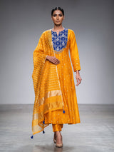 Mustard yellow silk anarkali suit with embellished dupatta