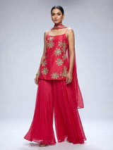 Rani pink raw silk palazzo suit with elegant festive detailing