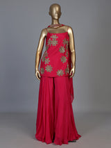 Rani pink raw silk palazzo suit with elegant festive detailing