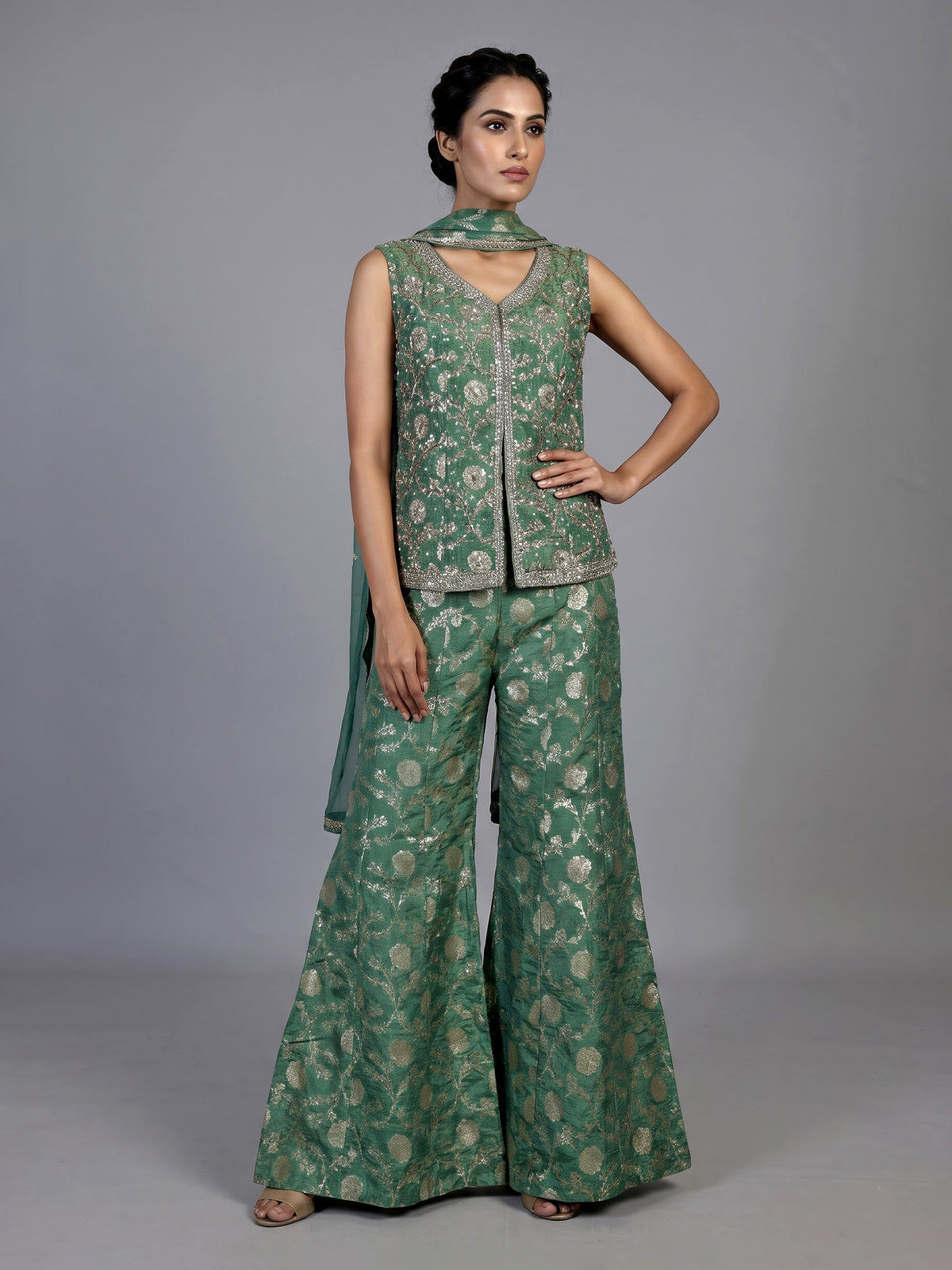 Pista green banarasi silk designer palazzo suit with dupatta