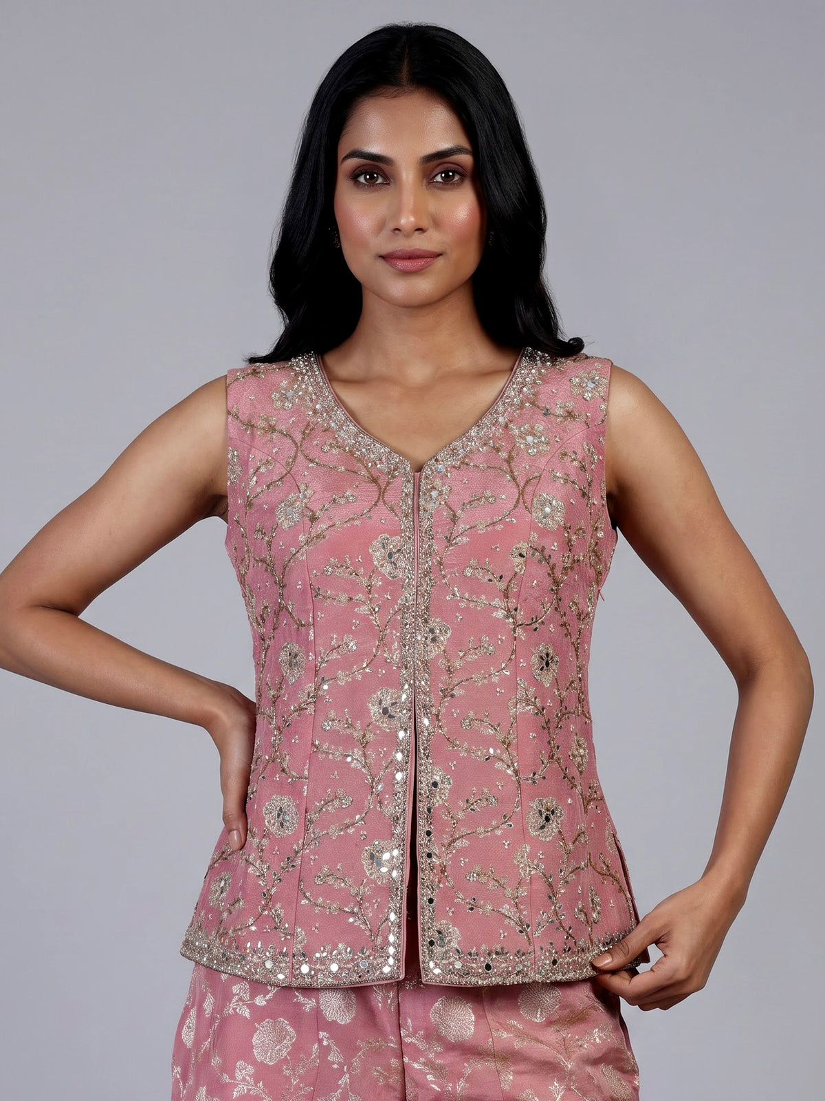 Onion pink banarasi silk designer palazzo suit with dupatta