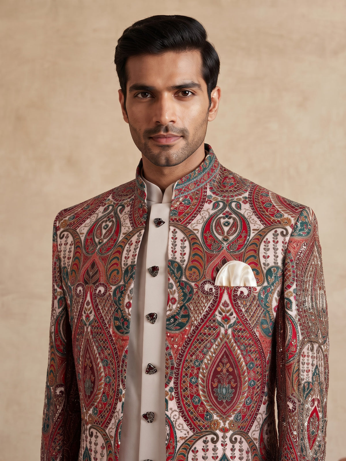 Cream red silk printed indowestern set for men