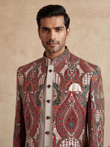 Cream red silk printed indowestern set for men