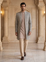 Beige green georgette silk indowestern set for men