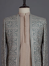 Beige green georgette silk indowestern set for men