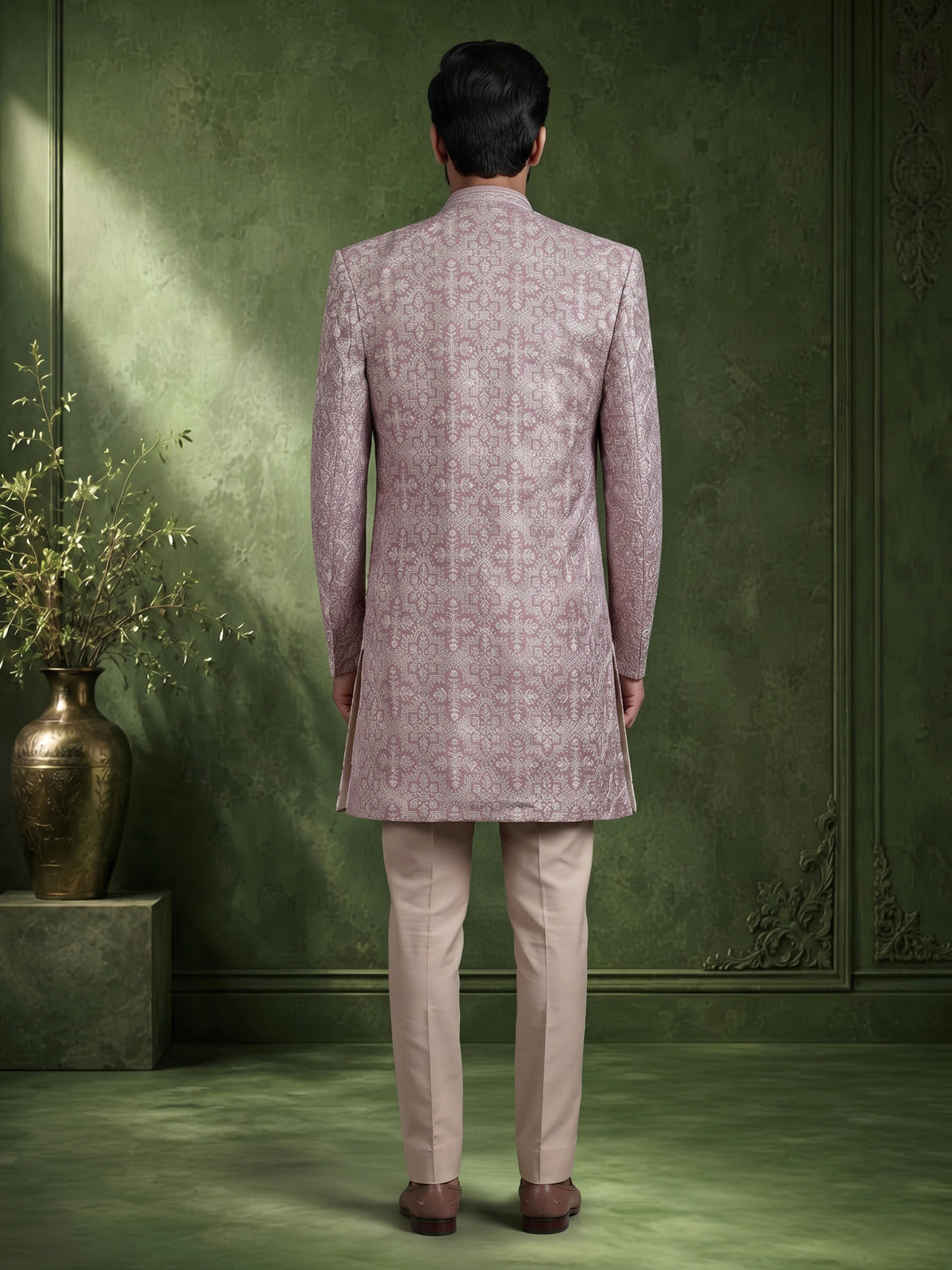 Beige pink georgette silk indowestern set for men
