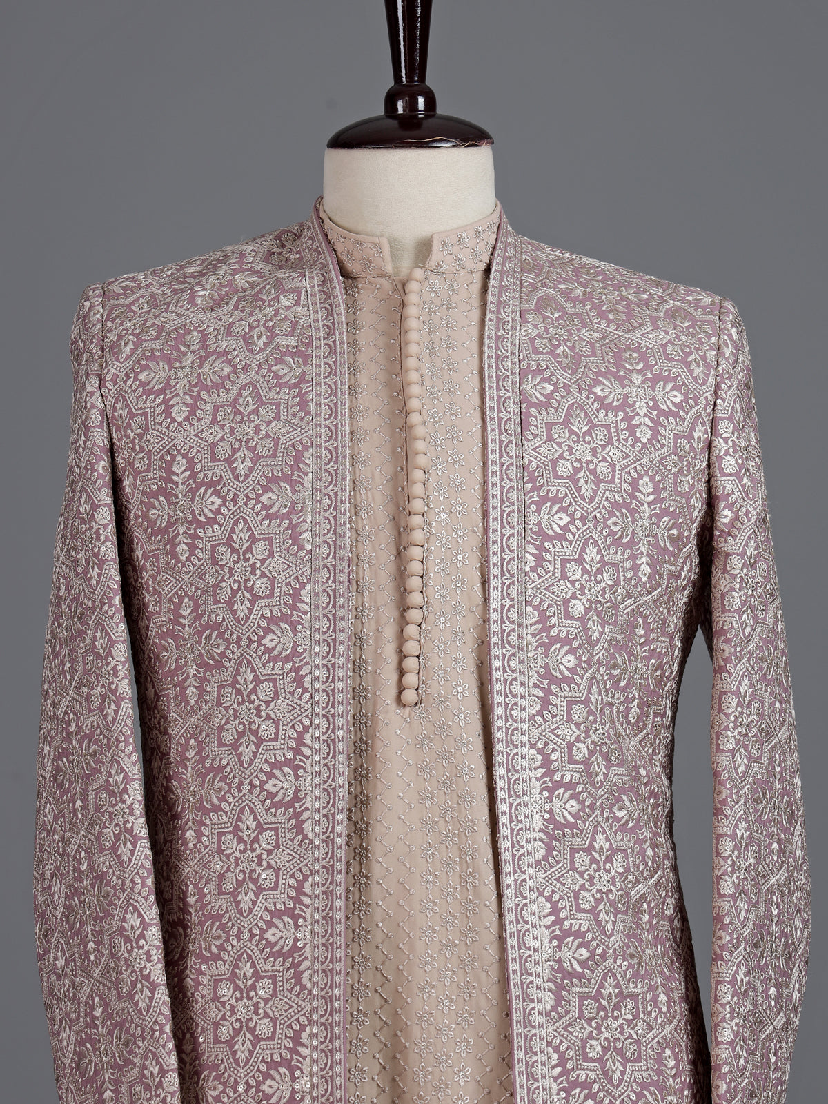 Beige pink georgette silk indowestern set for men