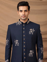 Navy terry rayon indowestern set for men
