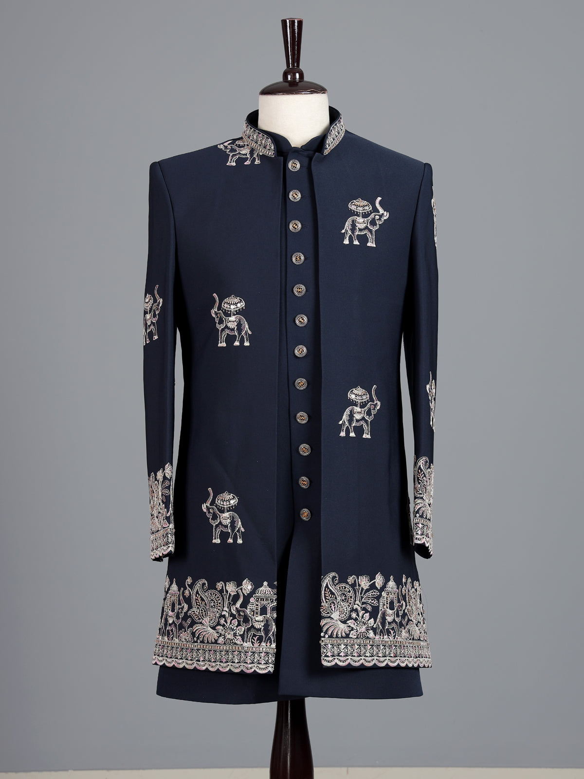 Navy terry rayon indowestern set for men
