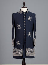Navy terry rayon indowestern set for men