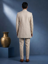 Beige jute indowestern set for men with festive detailing