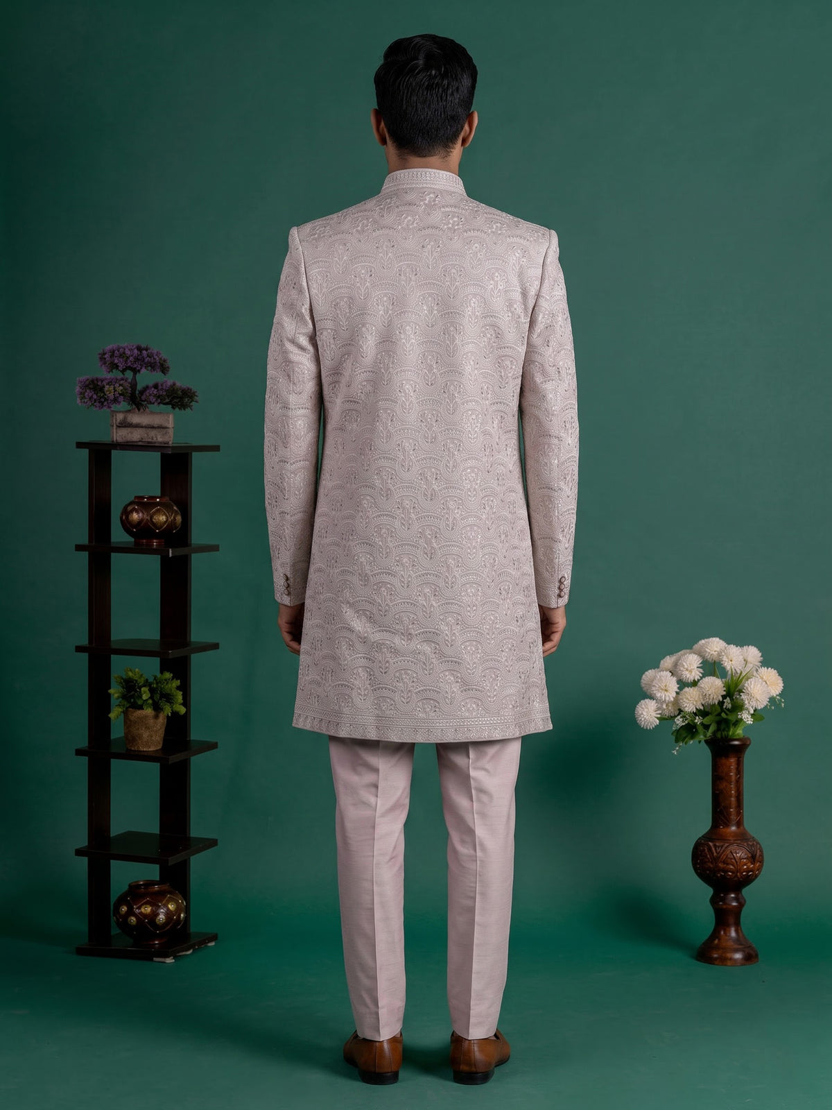Light pink silk indowestern set for men with jacket