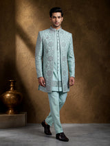 Mint green silk net indowestern set for men
