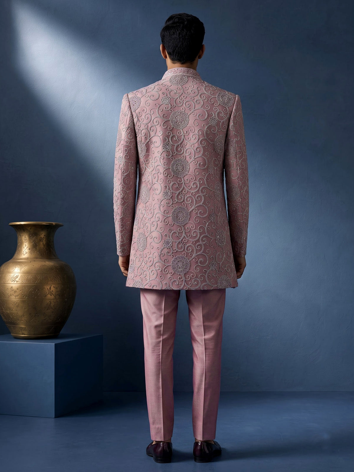 Onion pink silk net indowestern set for men