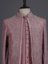 Onion pink silk net indowestern set for men