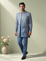 Stone blue silk blend indowestern set for men with jacket