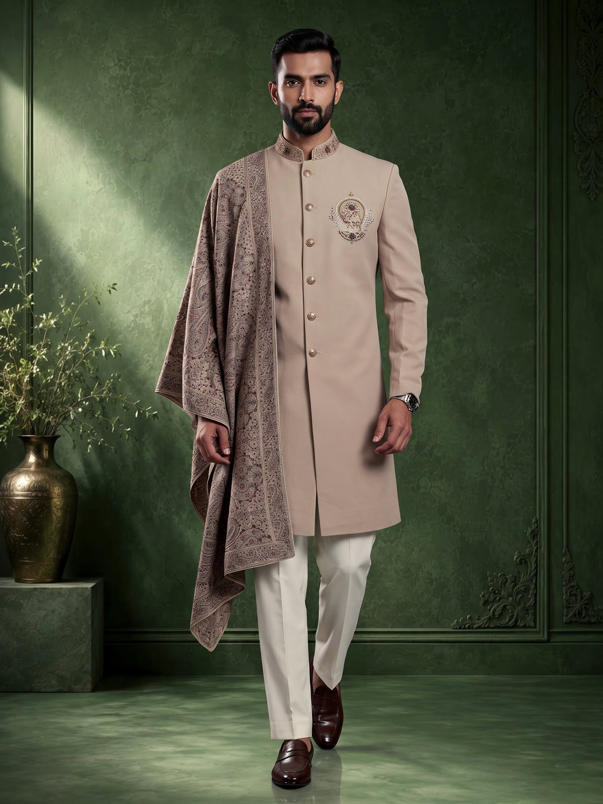 Beige terry rayon indowestern set for men with embellishments