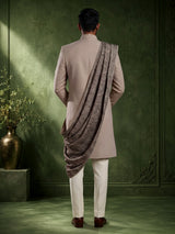 Beige terry rayon indowestern set for men with embellishments