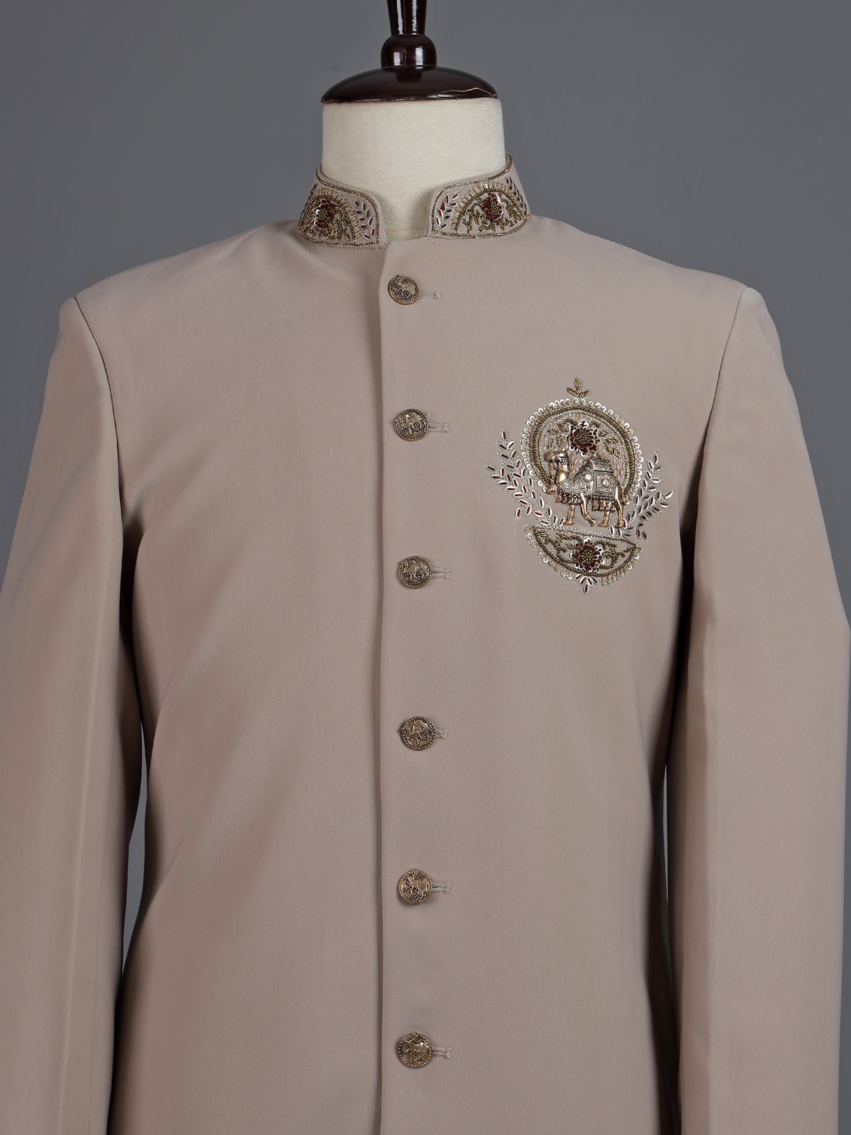 Beige terry rayon indowestern set for men with embellishments