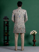 Beige silk embroidered indowestern set for men with jacket