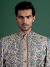 Beige silk embroidered indowestern set for men with jacket