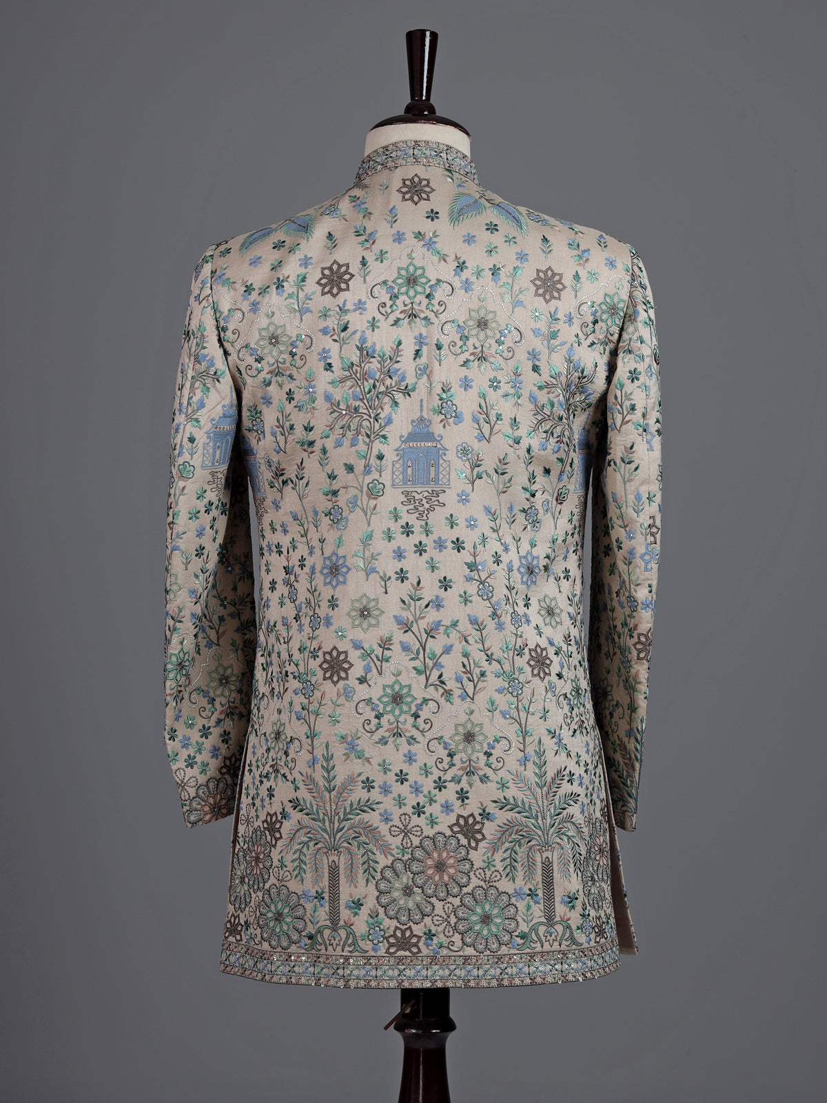 Beige silk embroidered indowestern set for men with jacket