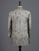 Beige silk embroidered indowestern set for men with jacket