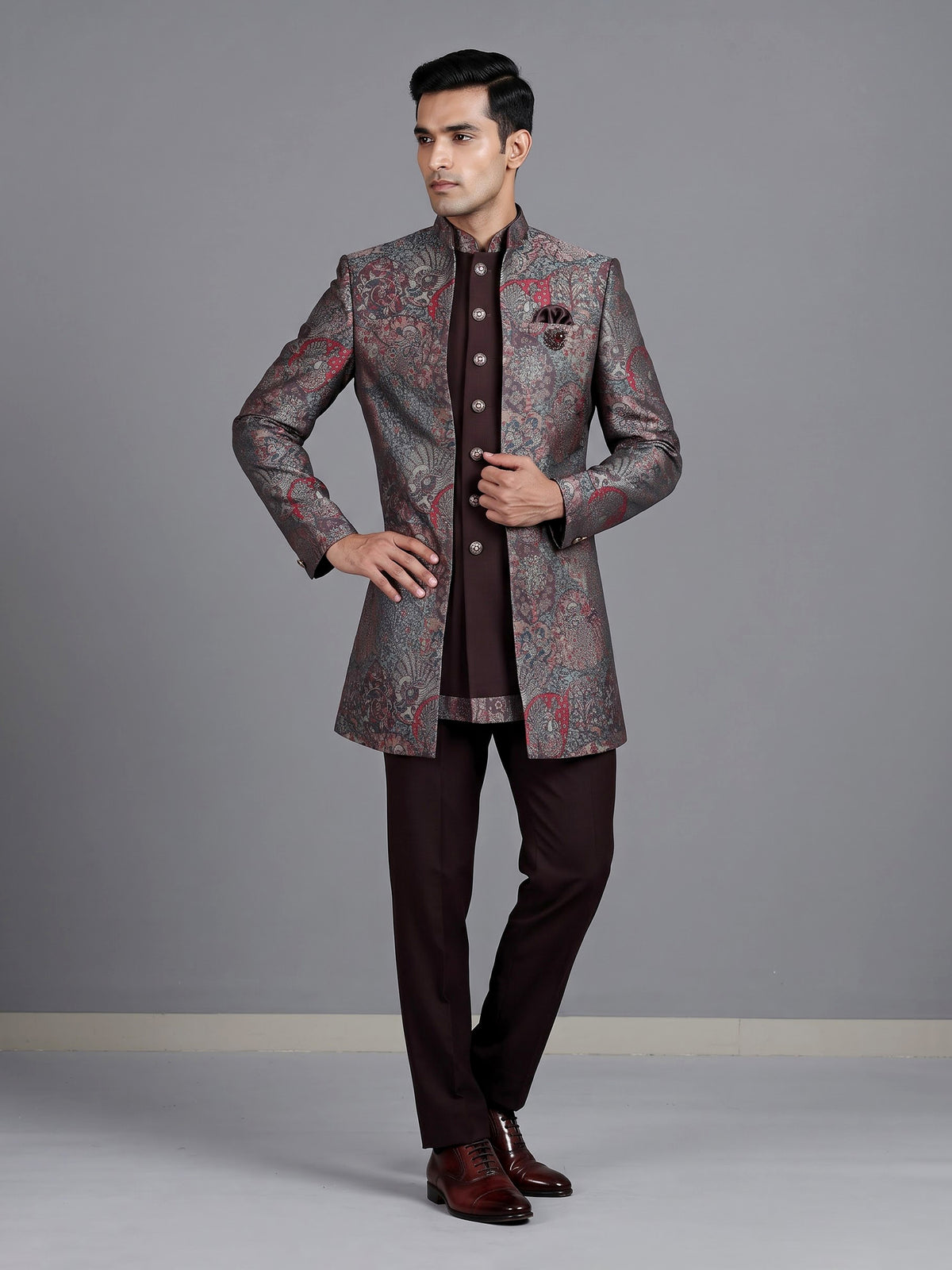 Dark wine brocade indowestern set for men with jacket