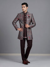 Dark wine brocade indowestern set for men with jacket