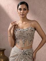 Beige sequin fabric ready to wear saree with diamond accents