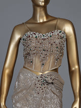 Beige sequin fabric ready to wear saree with diamond accents