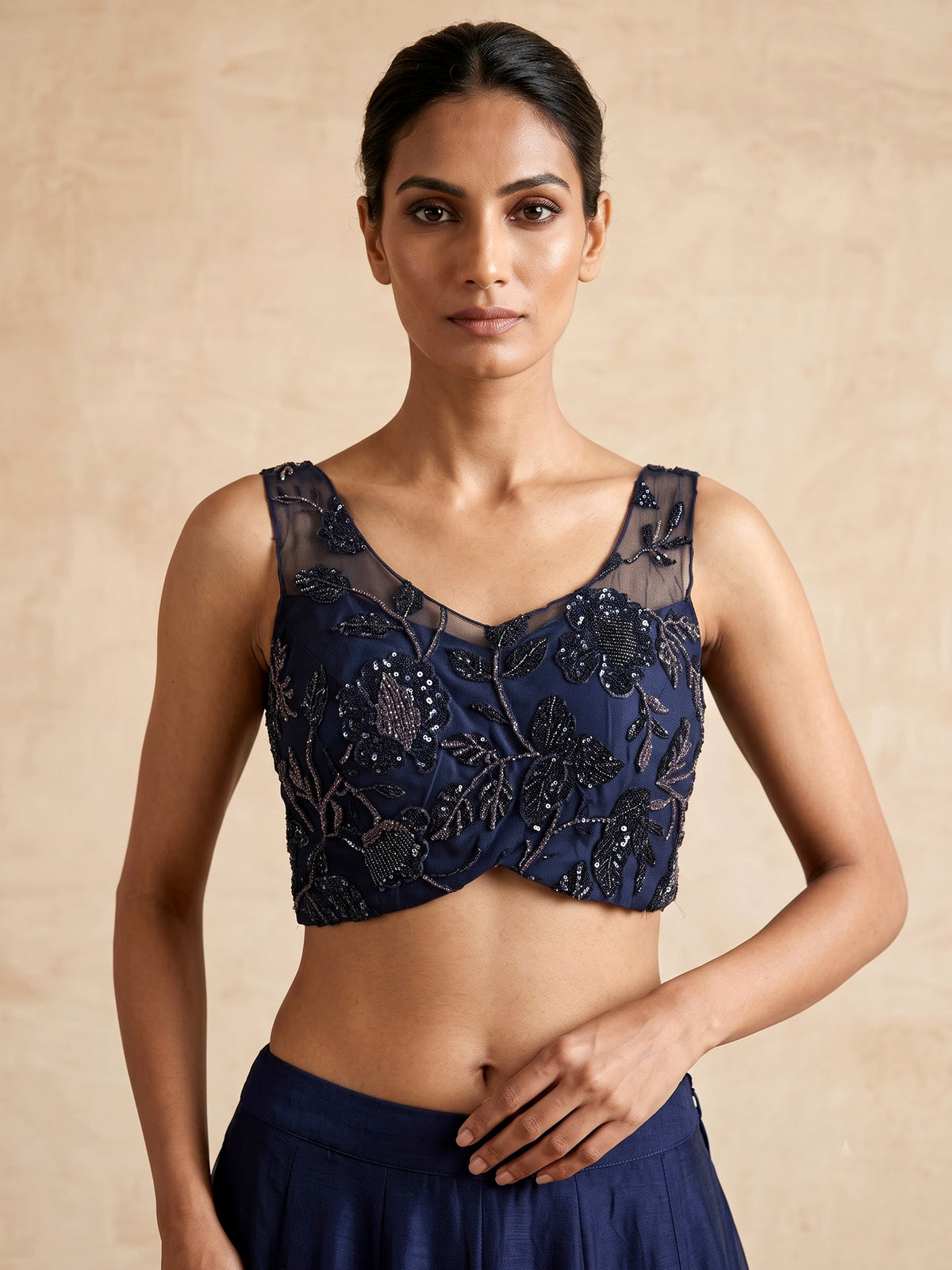 Blue net embroidered designer saree with embellished detailing