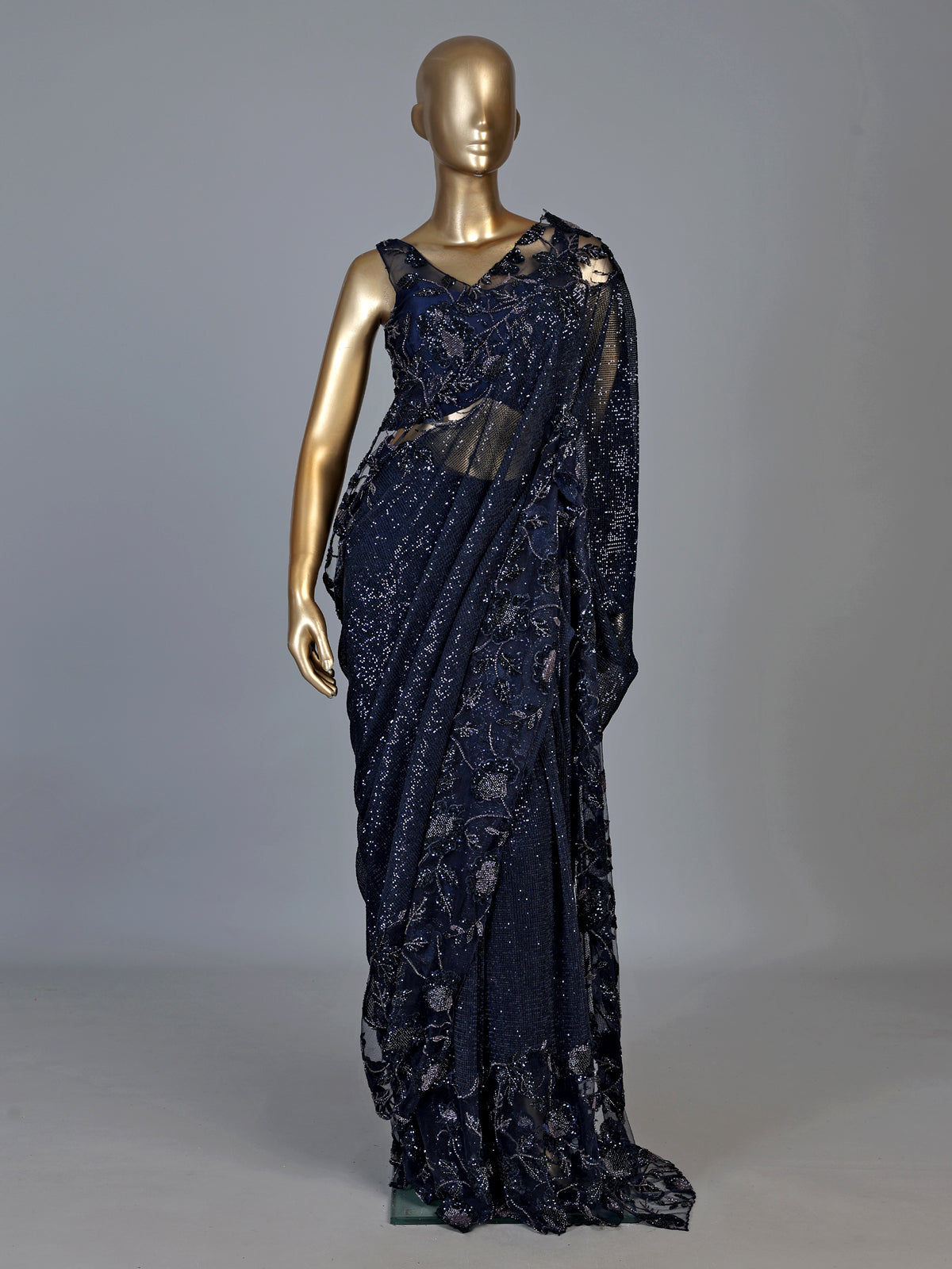 Blue net embroidered designer saree with embellished detailing