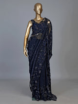 Blue net embroidered designer saree with embellished detailing