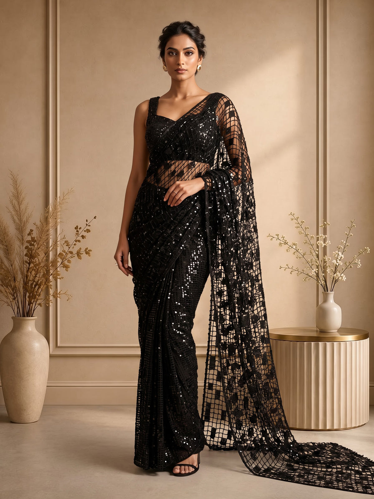 Black net unstitched designer saree with sequin embellishments